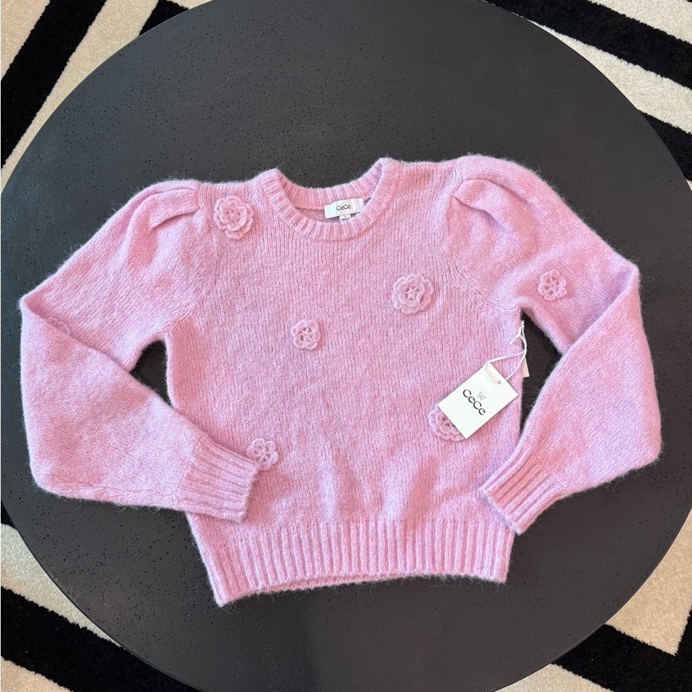 CECE MACY'S 3D Flower Puff Sleeve Pink Valentine's Soft Sweater Size Small NWT